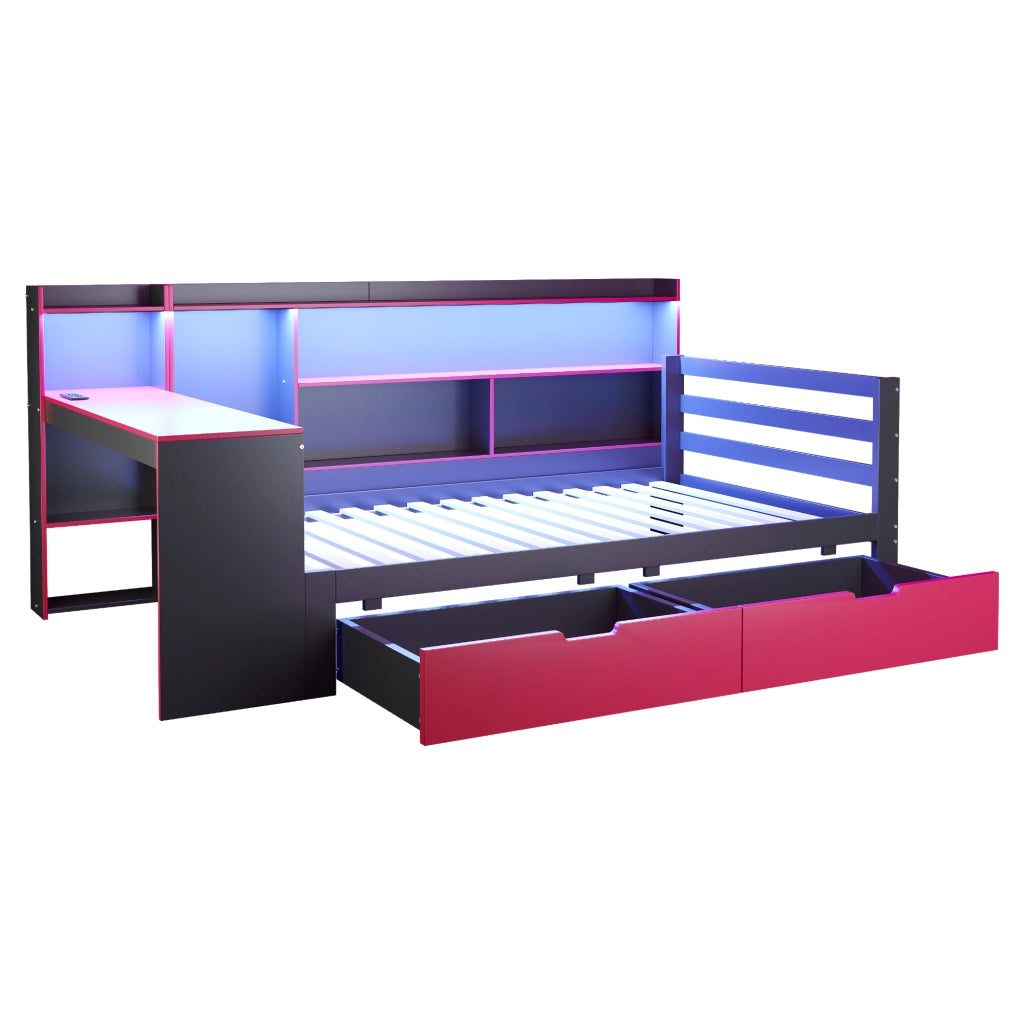 Letto combinato 90 × 200 cm 2 posti con scrivania, ripiani, LED e USB, senza materasso, legno, nero rosso