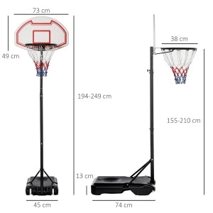 Canestro da basket regolabile in altezza con base riempibile e ruote, struttura in acciaio, bianco