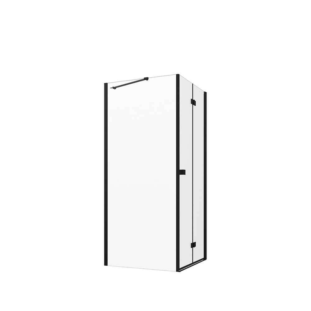 Box doccia 80x80 cm con apertura a libro lato destro e parete fissa, profili nero opaco e vetro 8mm trasparente h195 | Fiji