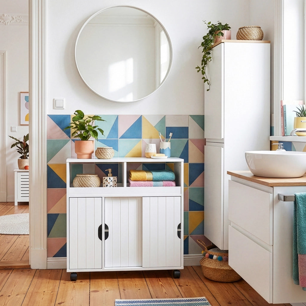 Armadietto Stretto Fadeskimma Mobile Contenitore con Rotelle e 3 Ante 72x70x20 cm Bianco [en.casa]