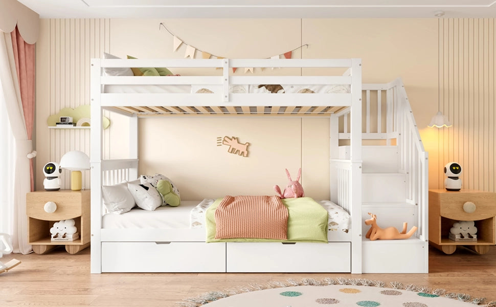 LETTO a castello con scala e 2 cassetti 90x200 cm in pino e MDF bianco