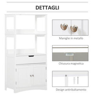 Mobiletto da Bagno con Mensole 2 Ante 1 Cassetto 60x33x122,5 cm in Legno Bianco