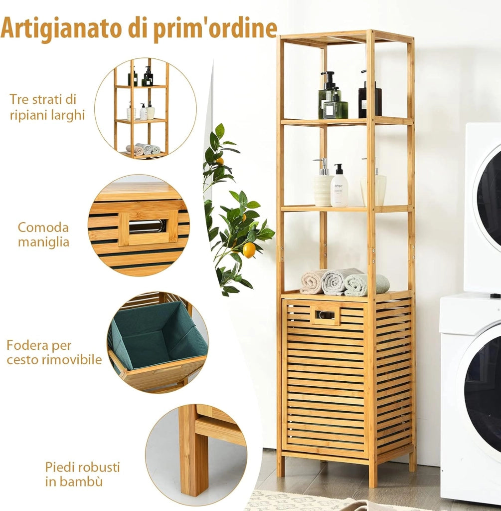 Cesto della Biancheria a Scomparsa per Bagno, Organizer Torre con Cesta di Bambù e 3 Mensole, Scaffale con Cesto per Bagno Camera da Letto