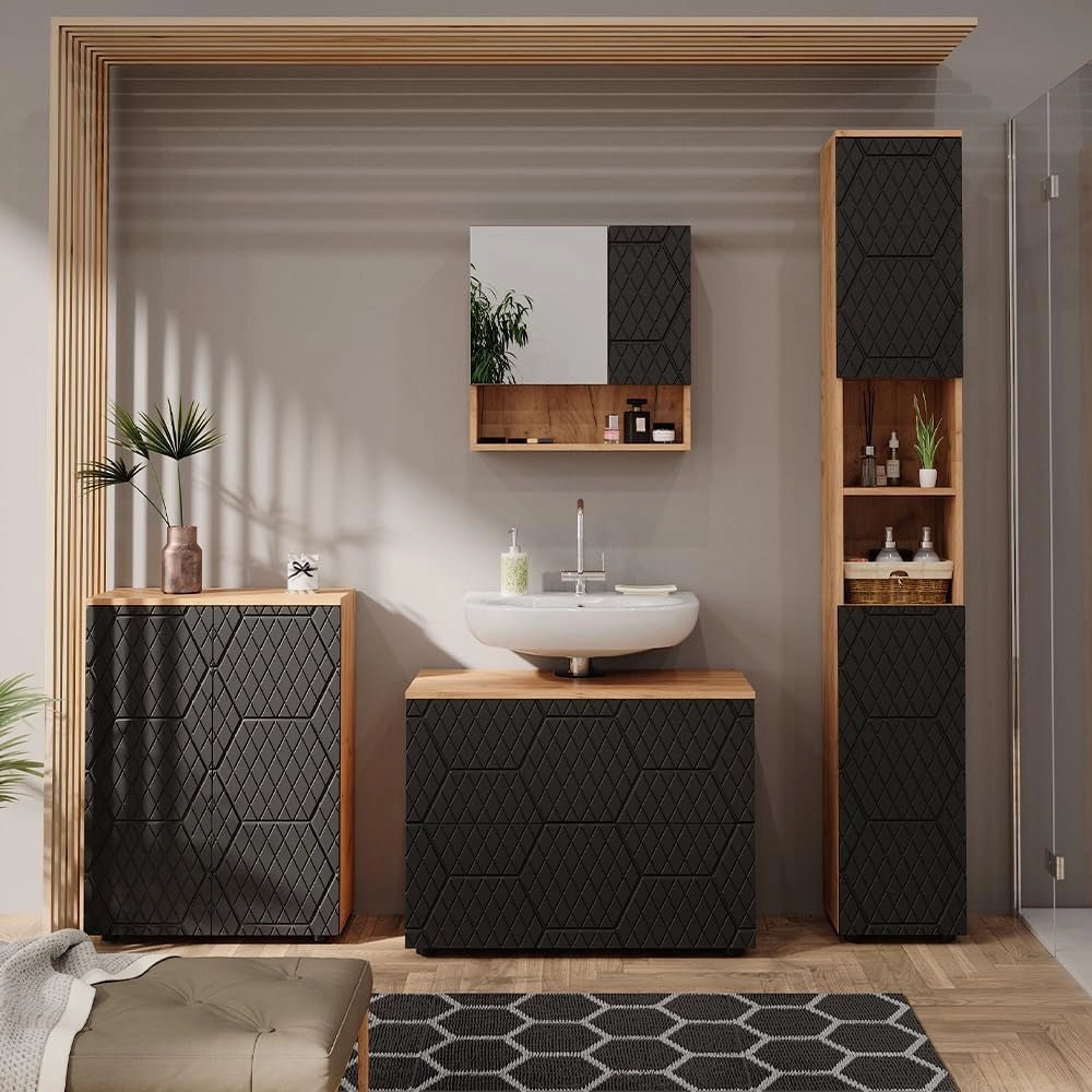 set mobili bagno Irma, Quercia dorata/Antracite, 4 pezzi, con cassettiera e mobile midi