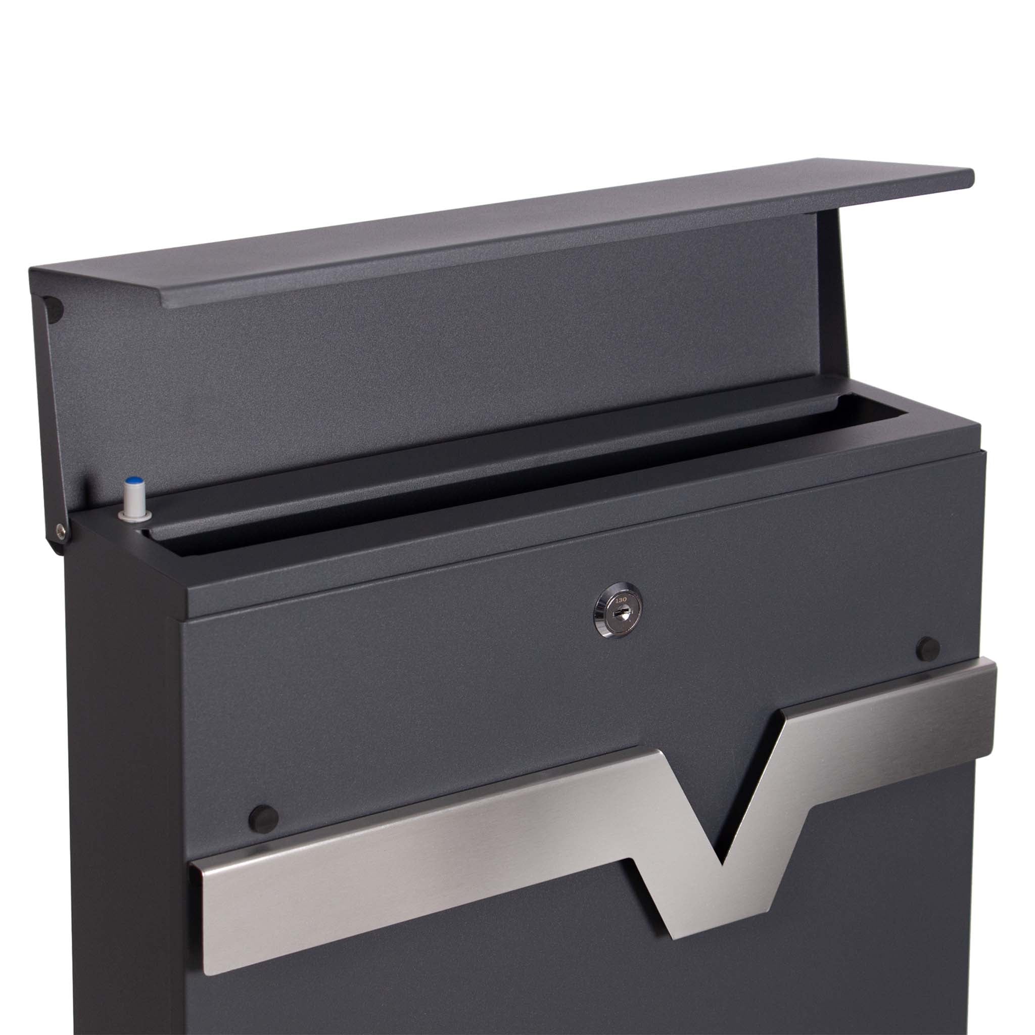 Cassetta postale V60 con portagiornale, antracite e inox, soft-close, 370 x 105 x 370 mm