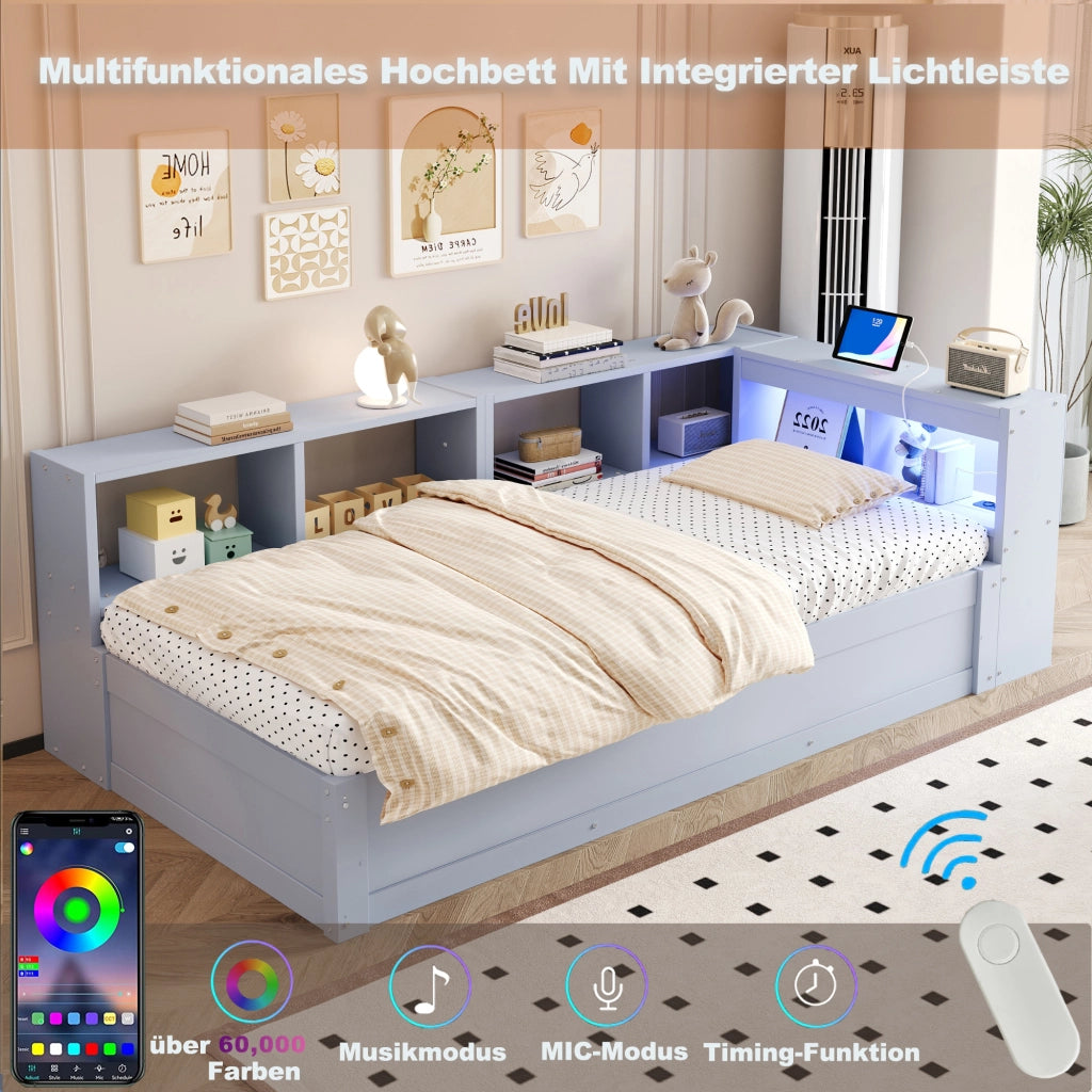 Letto divano singolo 90 × 200 cm con presa multifunzione, LED e contenitore idraulico, senza materasso, in MDF, grigio