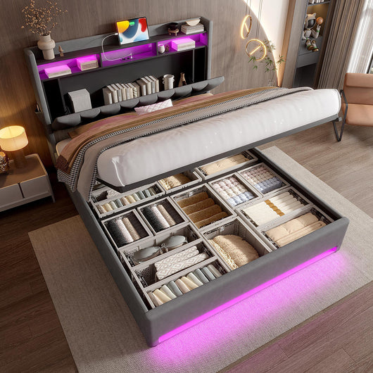 Letto 160x200cm imbottito - Xylo - grigio USB-C idraulico LED