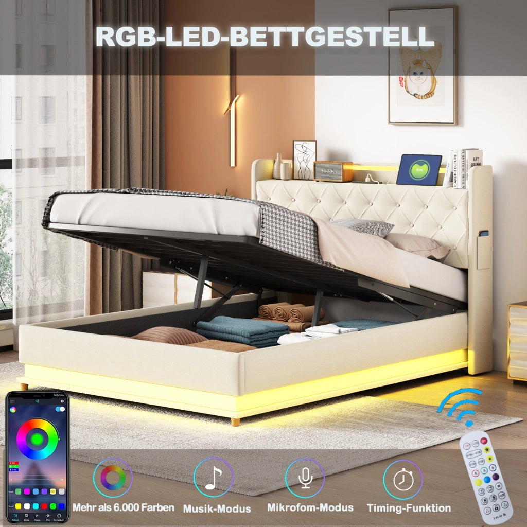 Letto contenitore matrimoniale 140×200 cm con LED multicolore; USB e vano idraulico; senza materasso; beige