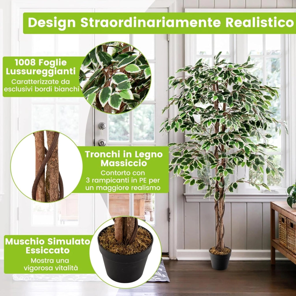 Albero di Fico Artificiale 160 CM, Pianta Finta da Interno con 1008 Foglie, Tronco Naturale in Legno, Vaso Robusto, Muschio Secco, Albero Finto per Casa, Ufficio, Soggiorno, Portico