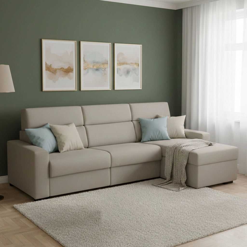 Celleno, Divano Letto con Penisola Sfoderabile Made in Italy, 280x160 cm Grigio Tortora