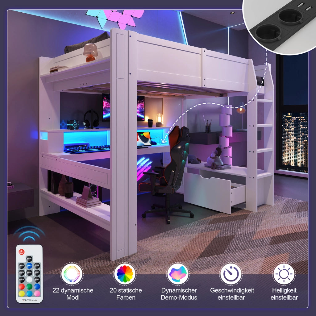 Hochbett bianco con scrivania funzione gaming in pino 140x200 cm