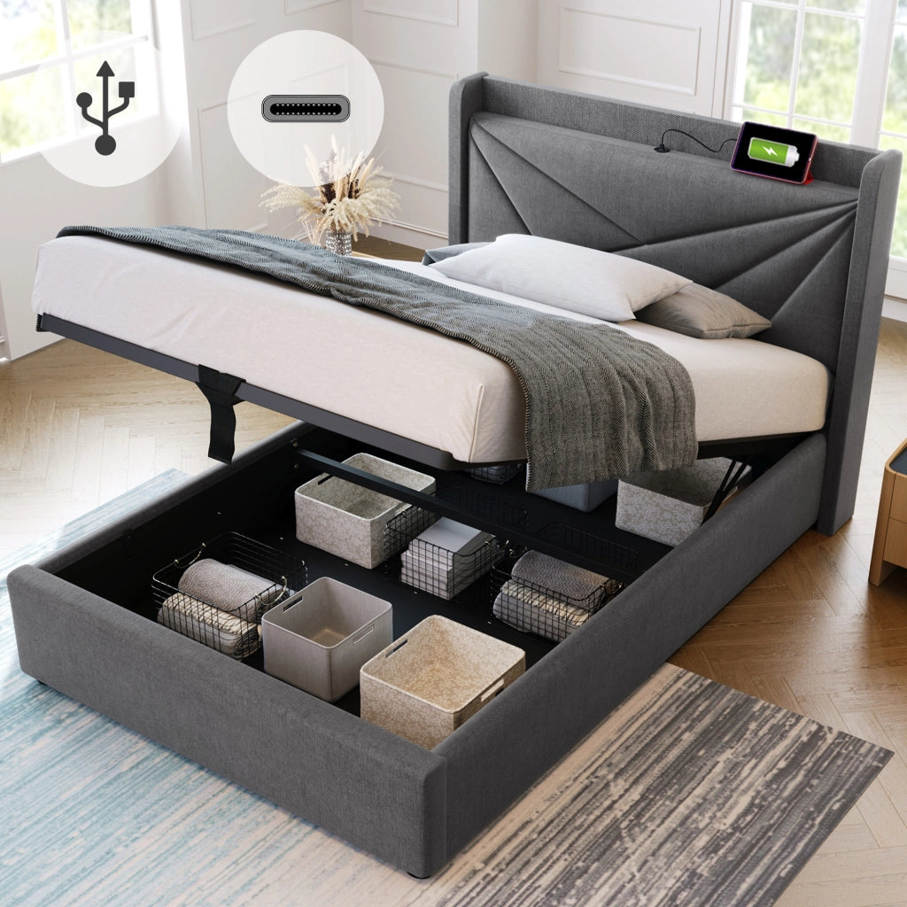 Letto singolo con contenitore 90x200 cm grigio, testiera geometrica, porte USB e Type-C, rete a doghe, senza materasso