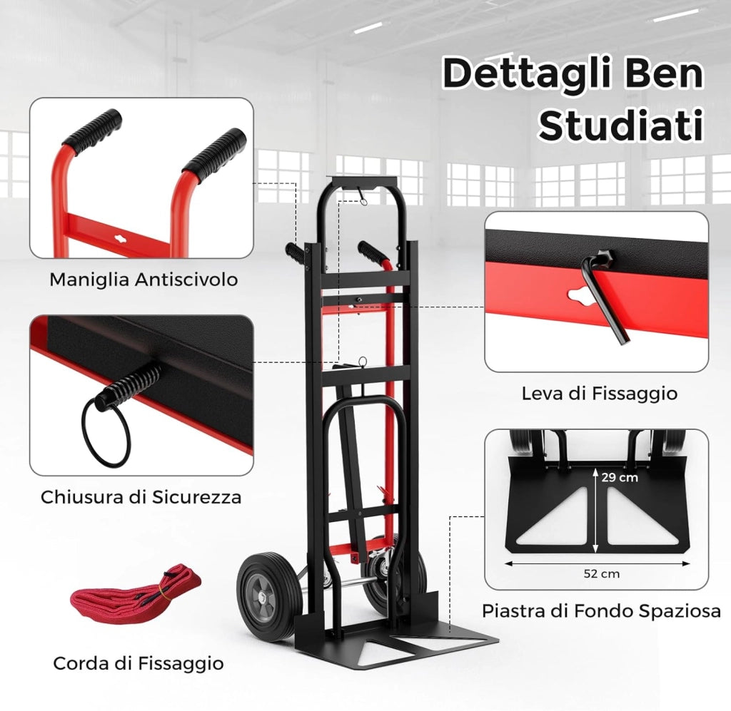 3 in 1 Carrello a Mano, Carrello Portapacchi con 4 Ruote in Gomma, Carrello Pieghevole per Trasporto e Spostamento in Magazzino, Casa, Portata Massima 450 kg (Rosso)