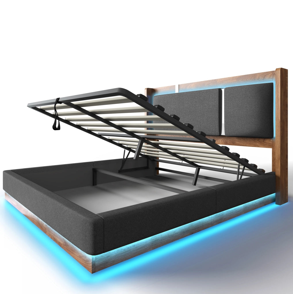 Letto imbottito 140x190 con LED, contenitore idraulico e rete a doghe
