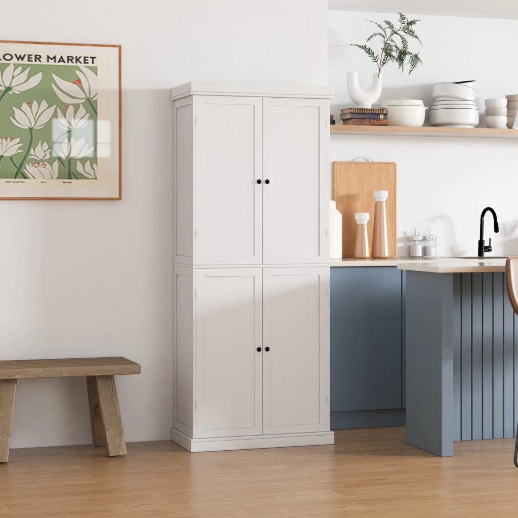 Dispensa da cucina a 4 ante con 6 ripiani 2 ripiani regolabili, Mobile credenza alto 184,5cm per sala da pranzo Bianco-Credenze buffet