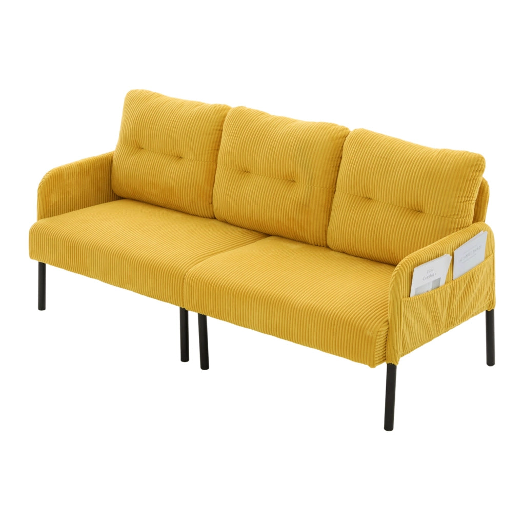 Divano 3 posti in velluto a coste giallo 171x72x80 cm con tasca laterale e struttura in metallo