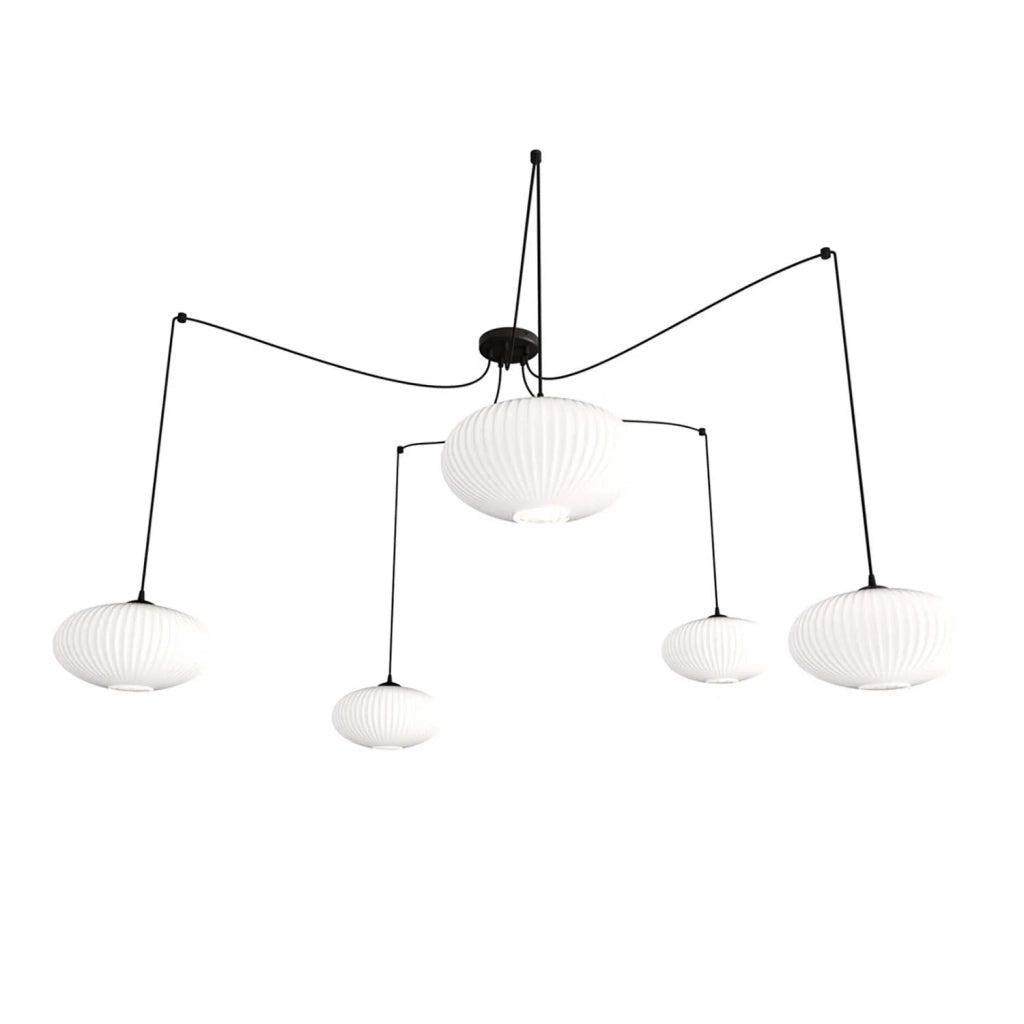 Lampadario 5 Luci Elios In Acciaio Nero Paralume Plissettato Bianco