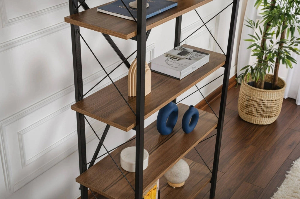 Libreria Suriel, Scaffale da ufficio, Mobile portalibri, Biblioteca, 90x34 h180 cm, Noce e Nero