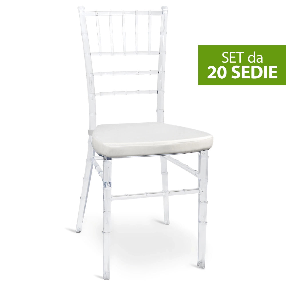Set da 20 Sedie Chiavarine Plastica trasparenti con cuscino antiscivolo bianco