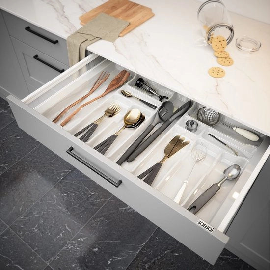 Cassetto da cucina espandibile 23-83 cm - 12 contenitori - facile da pulire - plastica - bianco - fissa - posizionamento utensili