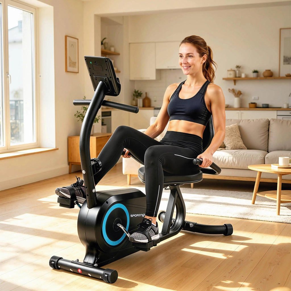 Cyclette Reclinata per Anziani 136x56x106 cm con Bluetooth Connettività App Ruote in Metallo Blu
