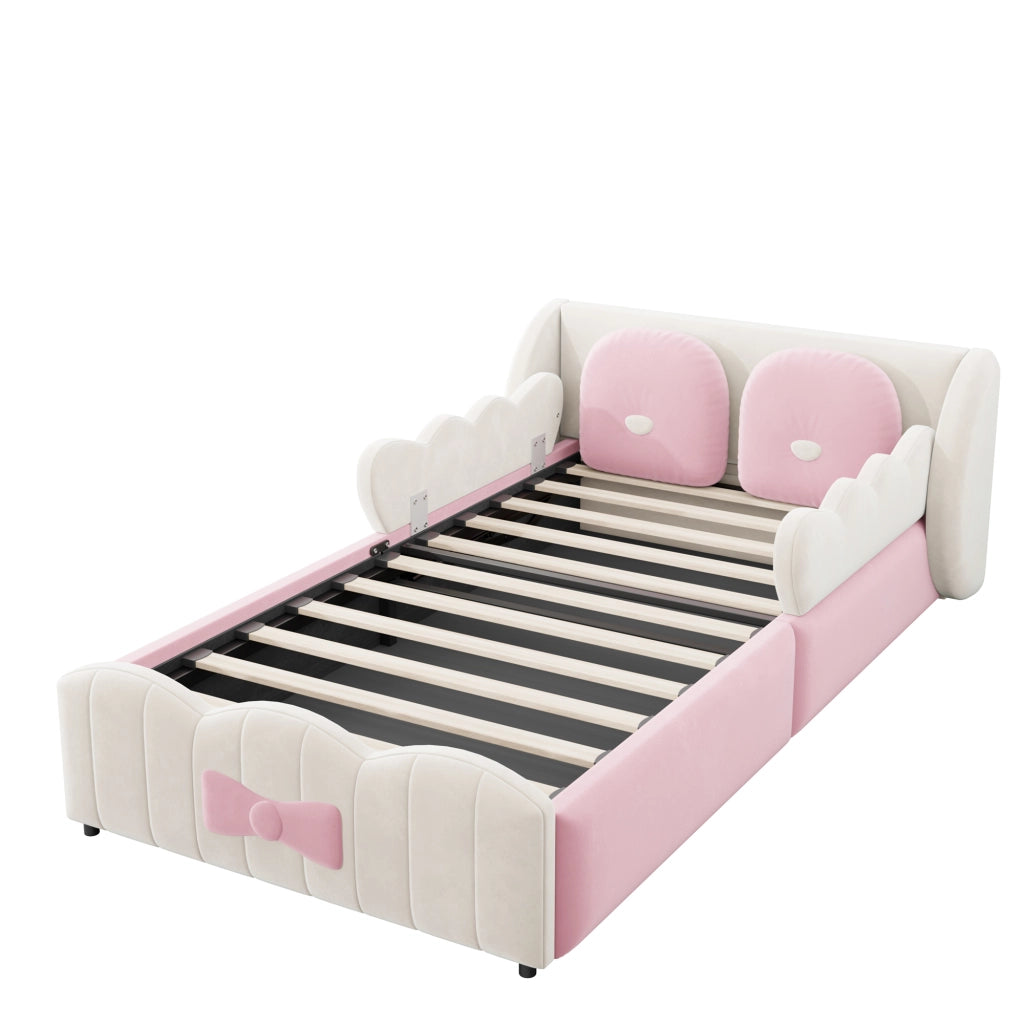 Letto singolo per bambini 90 ¡Á 200 cm imbottito con vano contenitore idraulico in velluto beige e cuscini