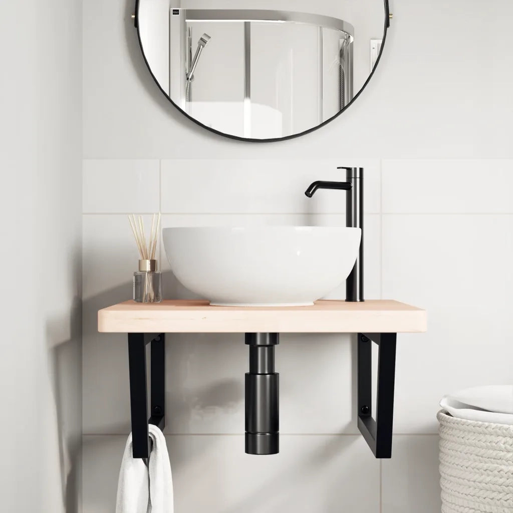 Ripiano a Parete per Lavabo in Acciaio e Massello di Rovere