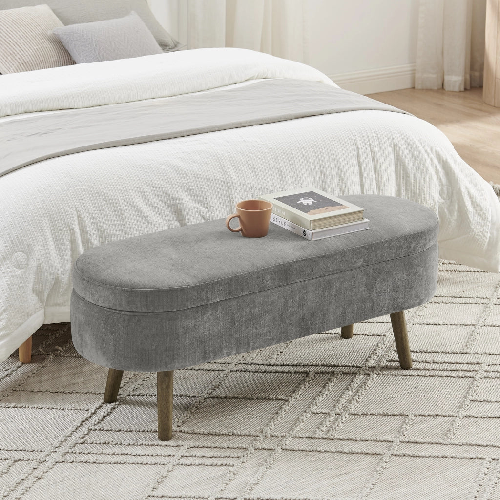 Panca contenitore in chenille con vano interno e chiusura ammortizzata, gambe in legno, grigio scuro 110 × 40 × 42 cm