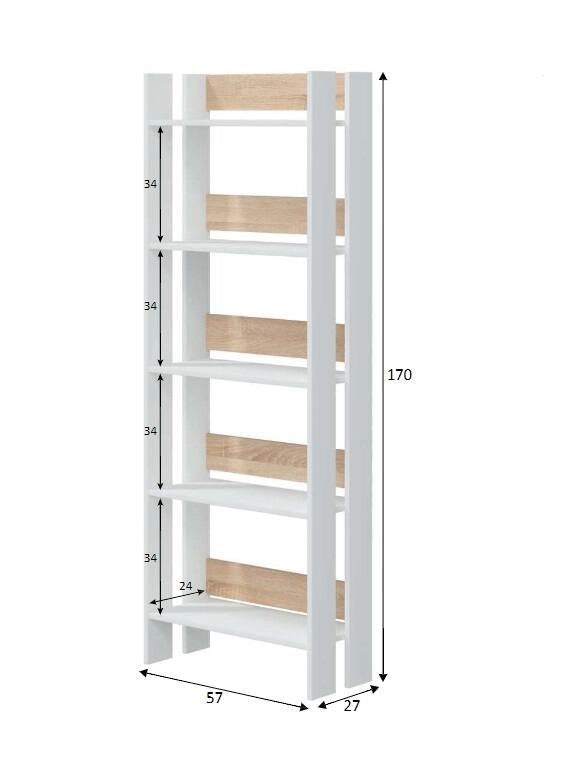 Libreria Haruki, Scaffale da ufficio a 5 ripiani, Mobile portalibri, Biblioteca, 57x27h170 cm, Bianco lucido e Rovere