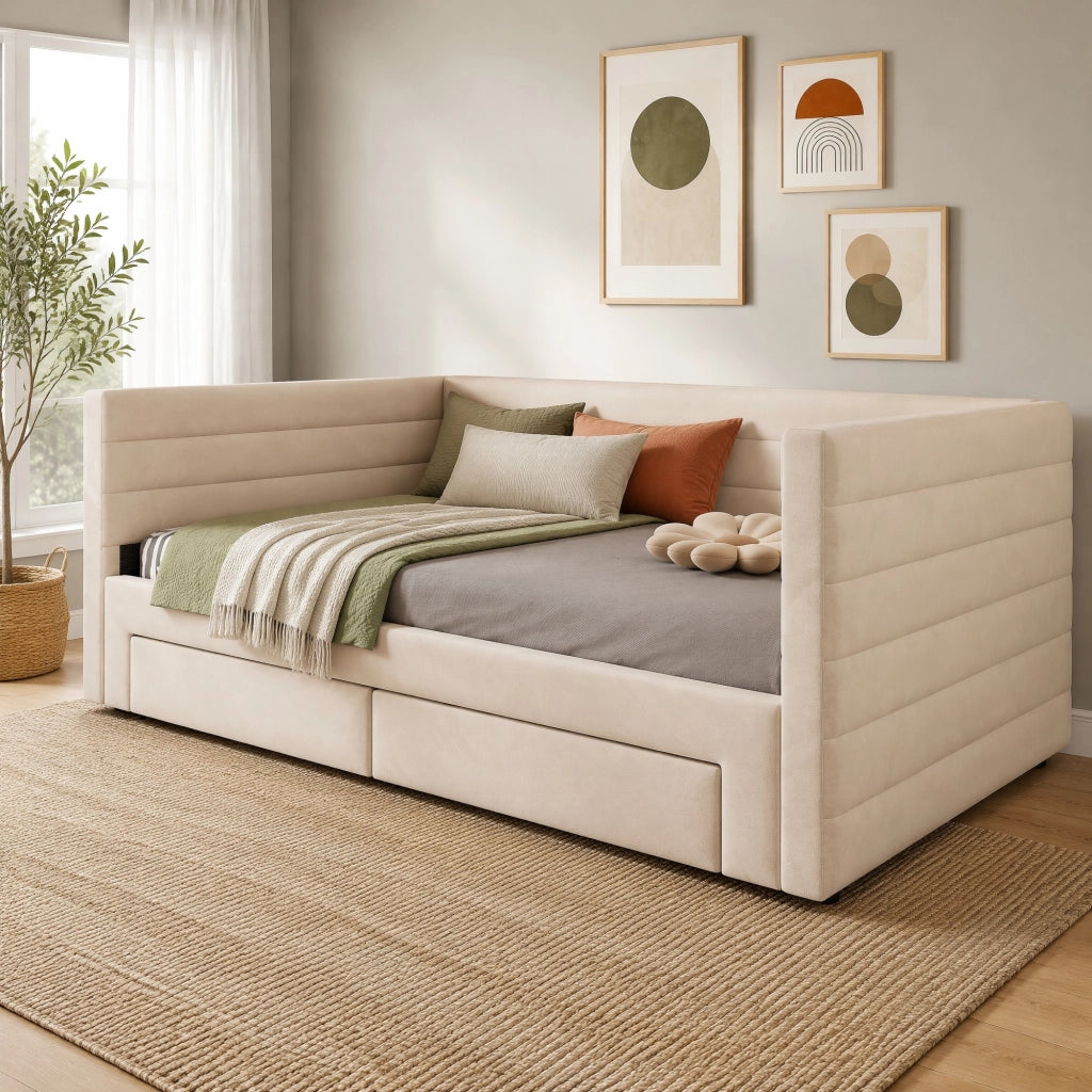 Letto imbottito multifunzionale 3 in 1 90x190 cm con 2 cassetti; beige