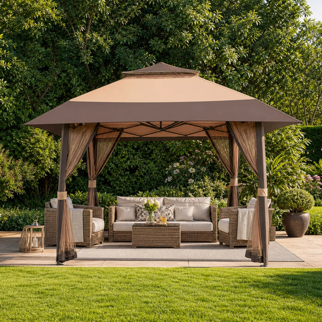 Gazebo Outdoor 4 X 4 Metri Con Zanzariere Tetto Esteso E Altezza Regolabile Da 2.7 X 2.9 M Apertura Rapida E Borsa Di Trasporto Inclusa Per Eventi Piscina Campeggio Feste Kaki