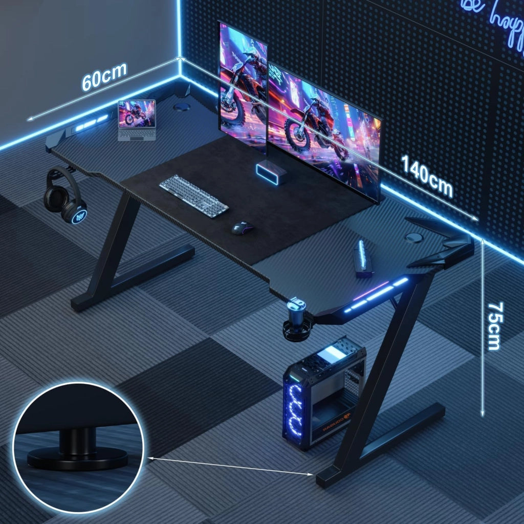 140 x 60cm Scrivania Gaming LED, Tavolo Gaming Ergonomica, Scrivania per Computer con Porta Bicchiere e Ganci per Cuffie, Postazione con Piano del Tavolo in Fibra di Carbonio, Nero