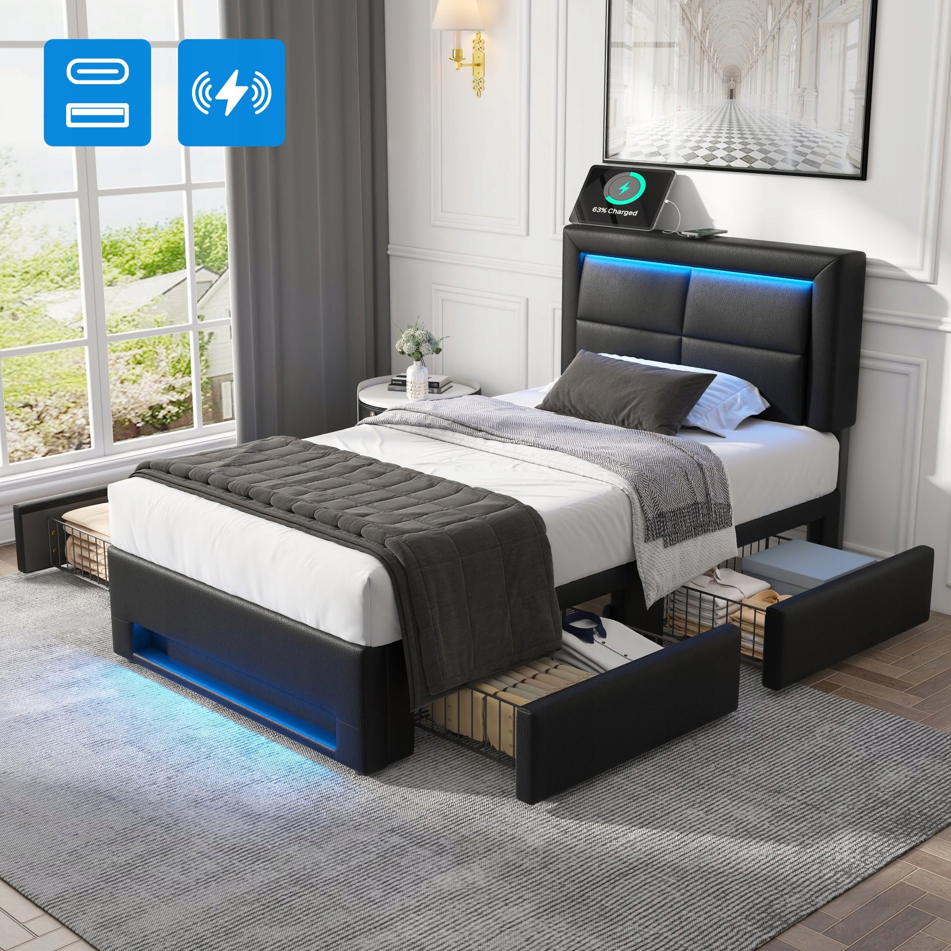 Letto imbottito 90x200 - Xylo - USB, LED, 4 cassetti, nero
