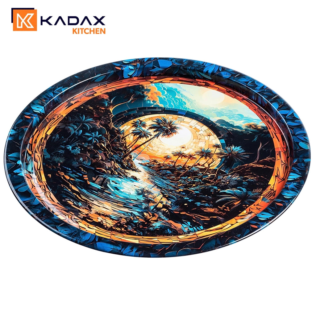 Vassoio decorativo da portata KADAX, rotondo, grande, con palma, 32,5 cm