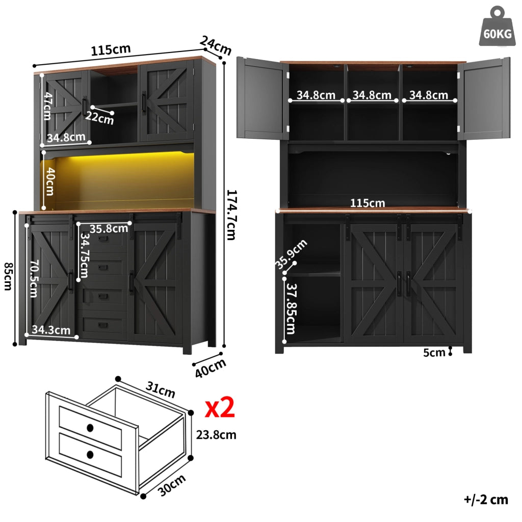 Credenza alta da cucina nera con LED e ante scorrevoli 115 cm