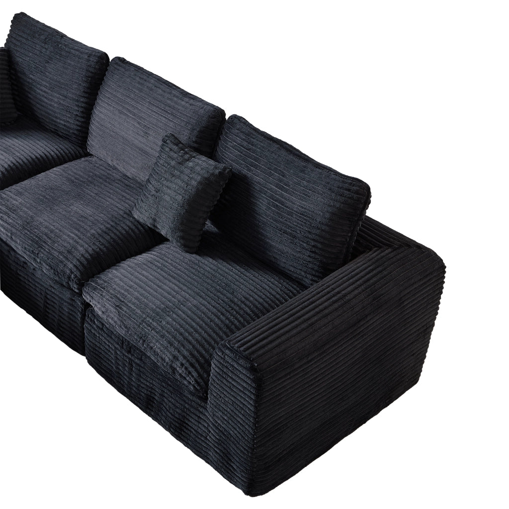 Divano modulare 3 posti con funzione letto e chaise longue in velluto a coste nero e blu 280×180×65 cm