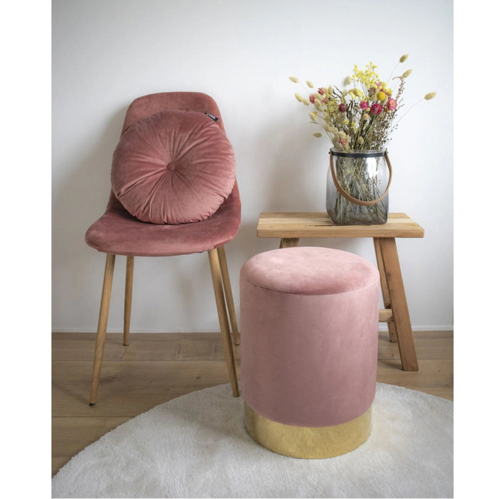 Pouf Gamby in velluto rosa con base ottone, ø34×43 cm