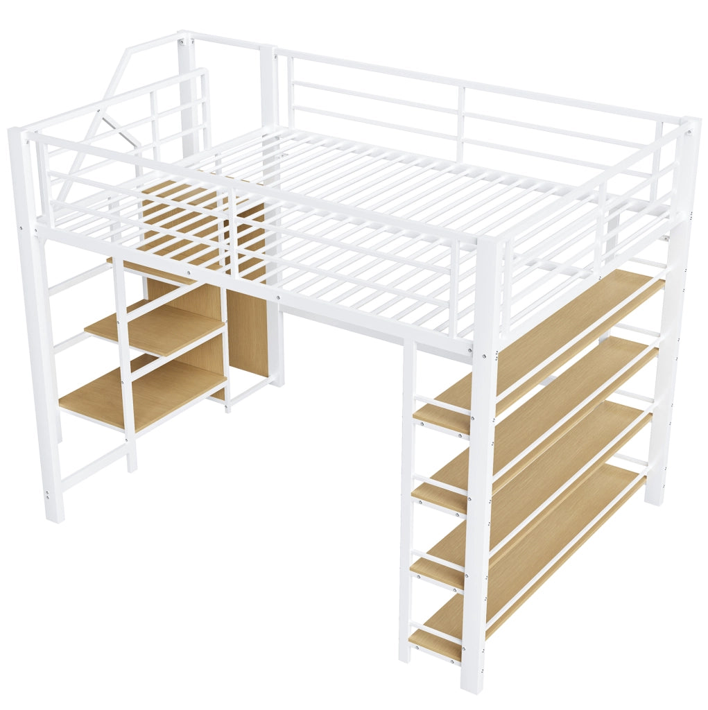 Letto a soppalco 140x200 cm in metallo con scala contenitore; armadietto e ripiani; bianco
