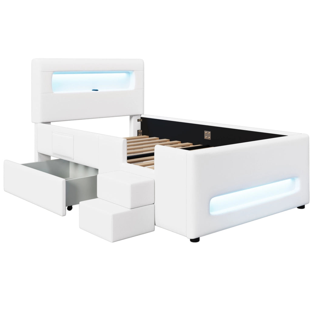 Letto a piattaforma imbottito 90x200 cm bianco con scala, cassetti, luci LED e porta USB