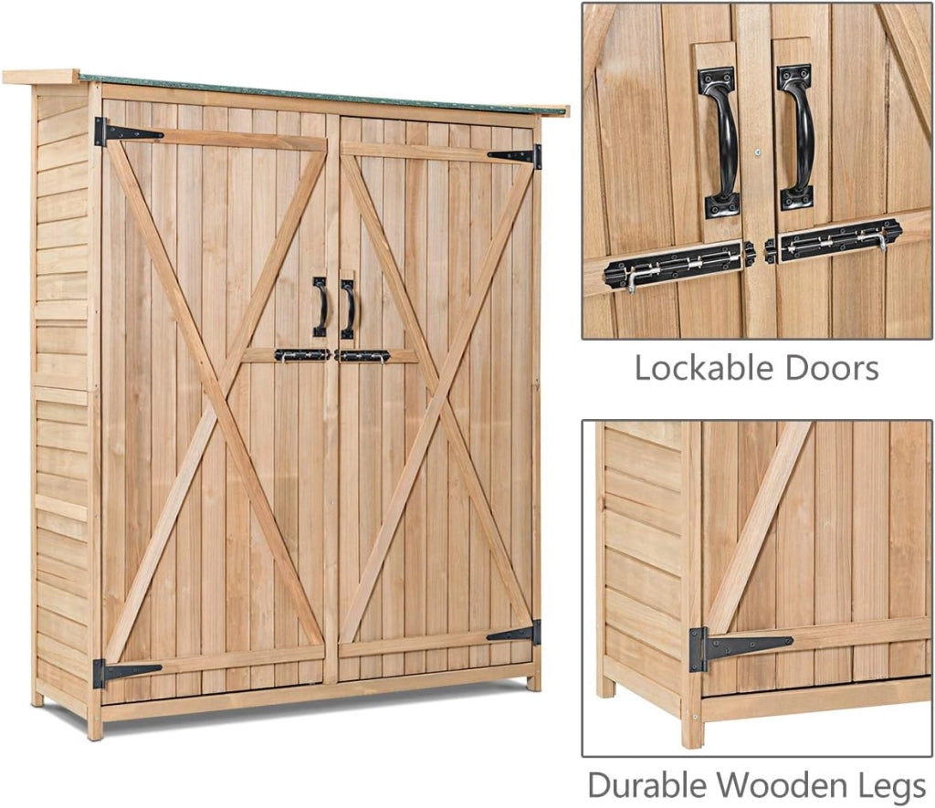 Armadio da giardino in legno, 140 x 50 x 162 cm, con 2 ripiani e 1 armadio, resistente alle intemperie, con ante bloccabili, armadietto degli attrezzi per terrazza, balcone