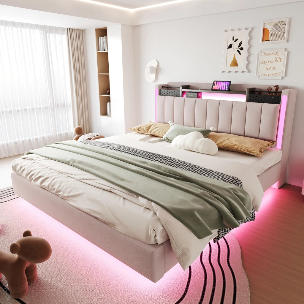 Letto Matrimoniale Imbottito con USB; LED e Testiera con Contenitori; 160×200 cm; senza Materasso; Beige