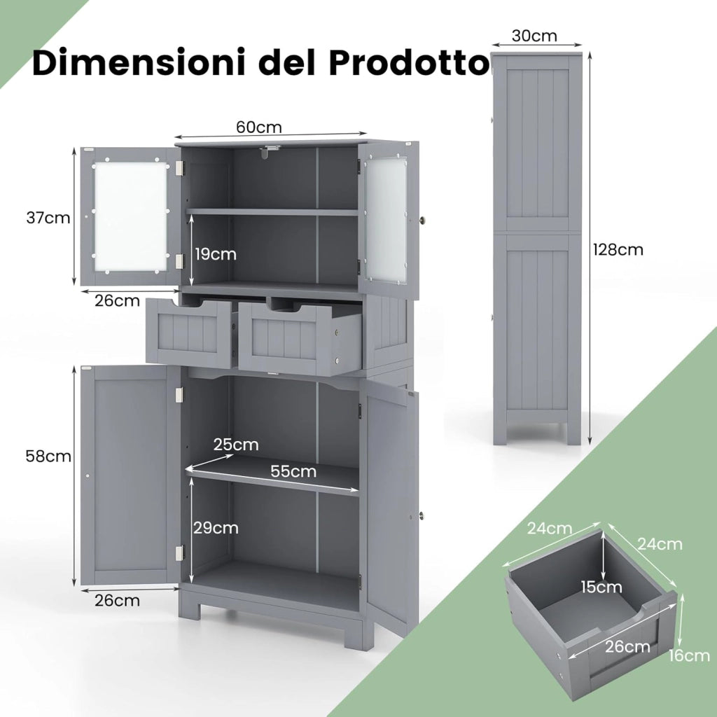 Armadio da Terra con 4 Ante, Mobile da Bagno con 2 Ante in Vetro 2 Cassetti e Ripiani Regolabili, Armadio Multifunzionale per Bagno e Soggiorno (Grigio, 60x30x128cm)