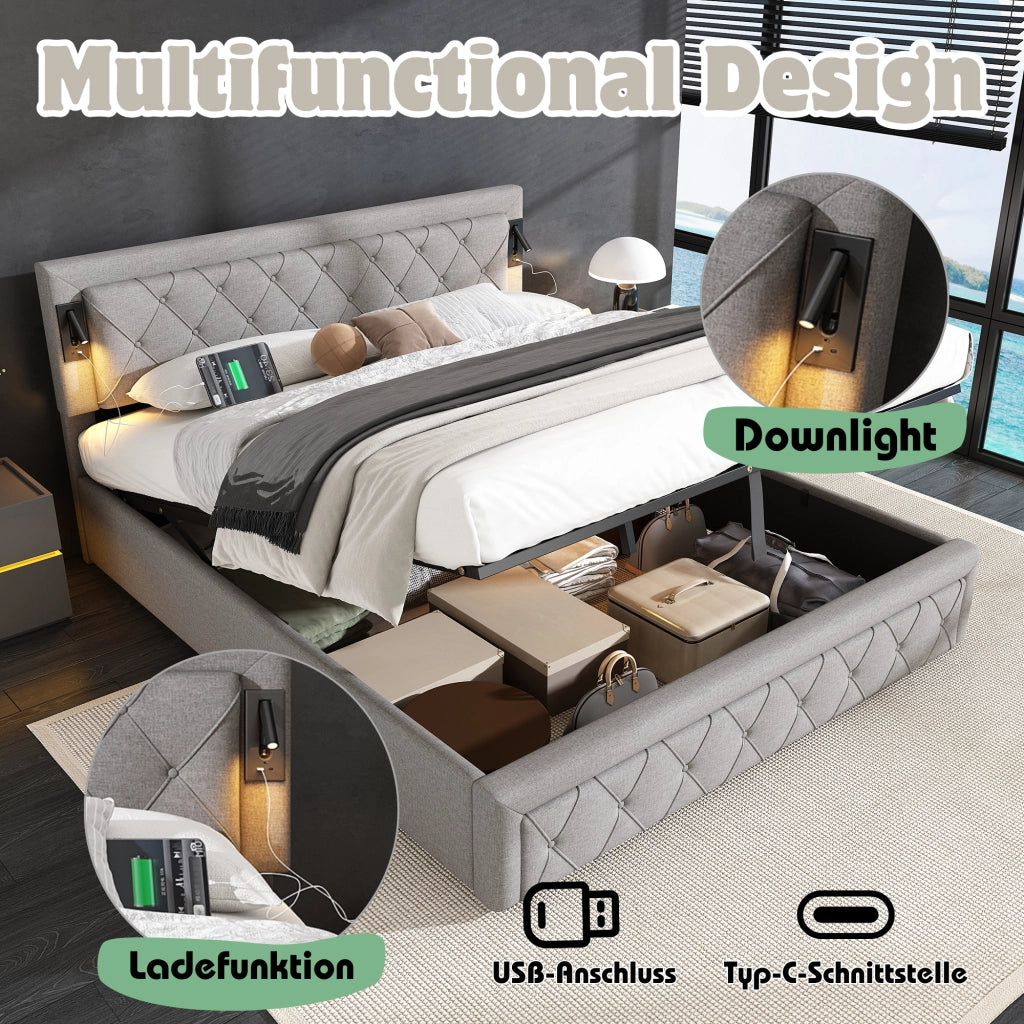 LETTO Contenitore 180x200 cm con downlight e USB, lino grigio
