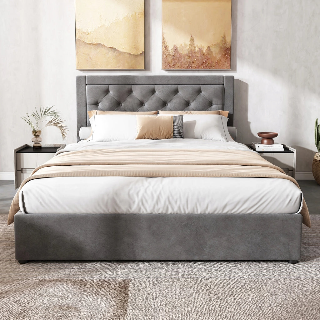Letto imbottito Chesterfield - Xylo - 140x200 - Grigio - Stelaio sollevabile