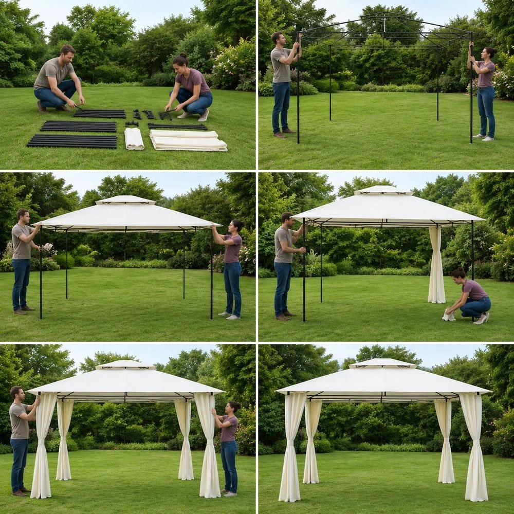 Garden Pavilion With Curtains, 4x3 M, White