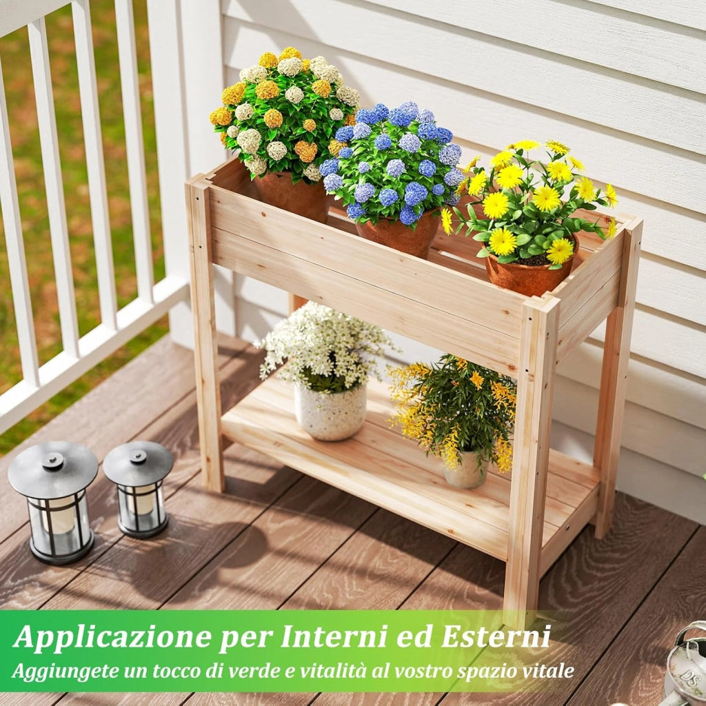 Letto da Giardino Rialzato, Fioriera Elevata con Mensola di Stoccaggio, Drenaggio, Orto in Legno Fiori, Erbe e Verdure per Giardino, Cortile e Patio, 81 x 38 x 77 cm