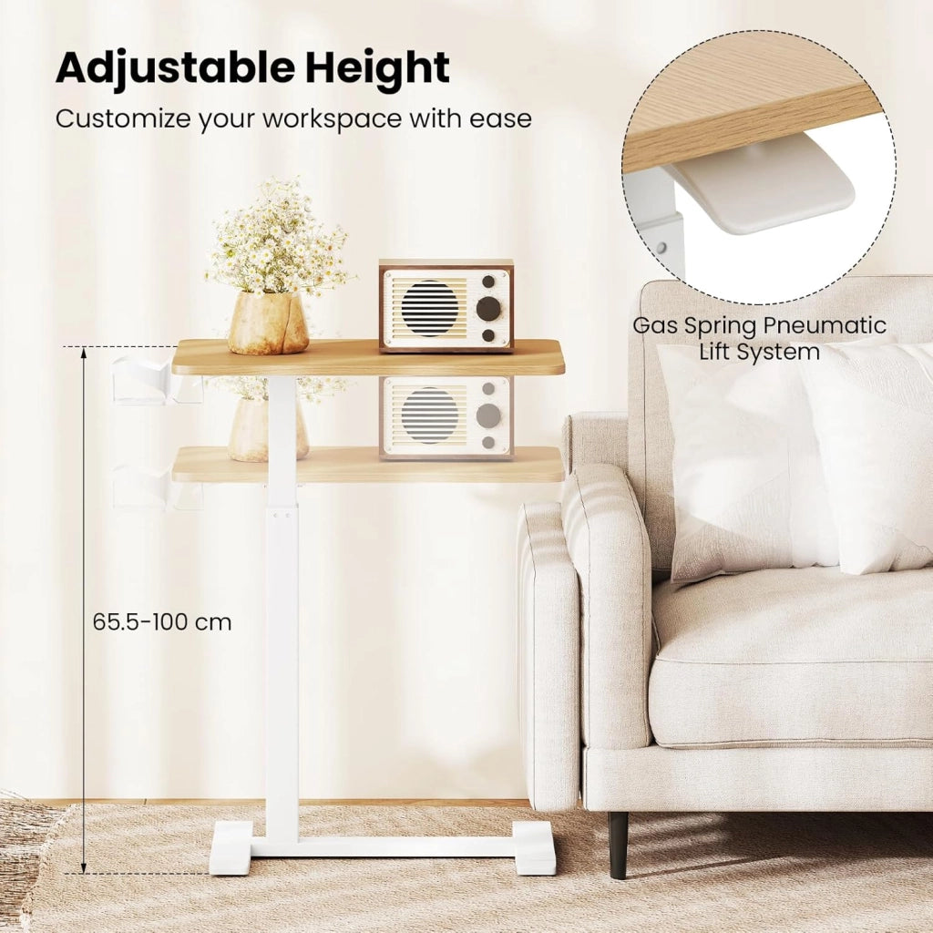 Tavolino ausiliario a forma di C con ruote girevoli nascoste, altezza regolabile 65,5-100 cm, scrivania mobile con gancio e portabicchieri, tavolo laterale per soggiorno, camera da letto