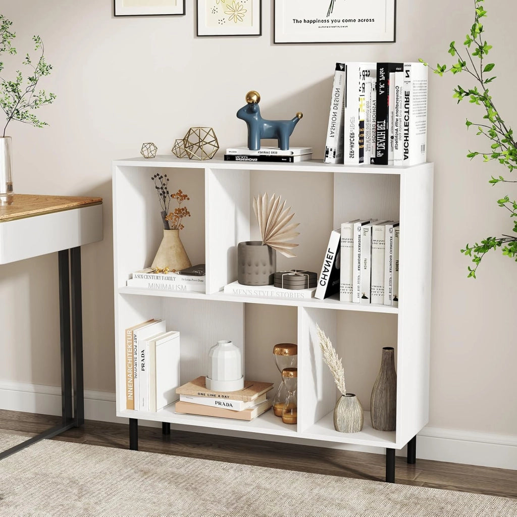 Mobiletto con 4 Cubi e 2 Livelli, 90 x 30 x 90 cm, Libreria con Scomparti Semi-Aperti e Gambe in Metallo, Adatta per Appartamenti, Dormitori, Uffici (Bianco)