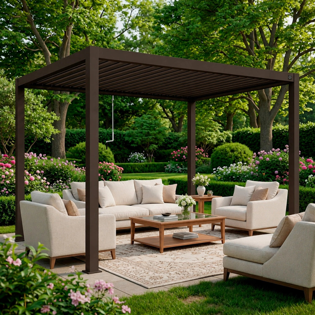 Gazebo Pergola Bioclimatica Con Lamelle Regolabili Sistema Di Deflusso Dell Acqua Struttura In Alluminio E Acciaio Resistente Ai Raggi UV Ideale Per Giardino Terrazza E Piscina 3x4 Metri Marrone Opaco