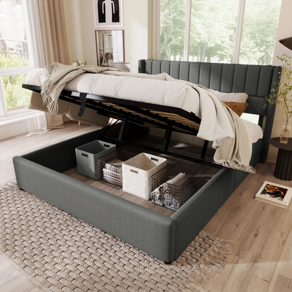 Letti contenitori 180x200 cm; idraulico con testiera imbottita; legno e lino; grigio (Senza materasso)